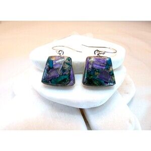 Natural Charoite -Azurite Sterling Silver Dangle Drop Earrings Handmade